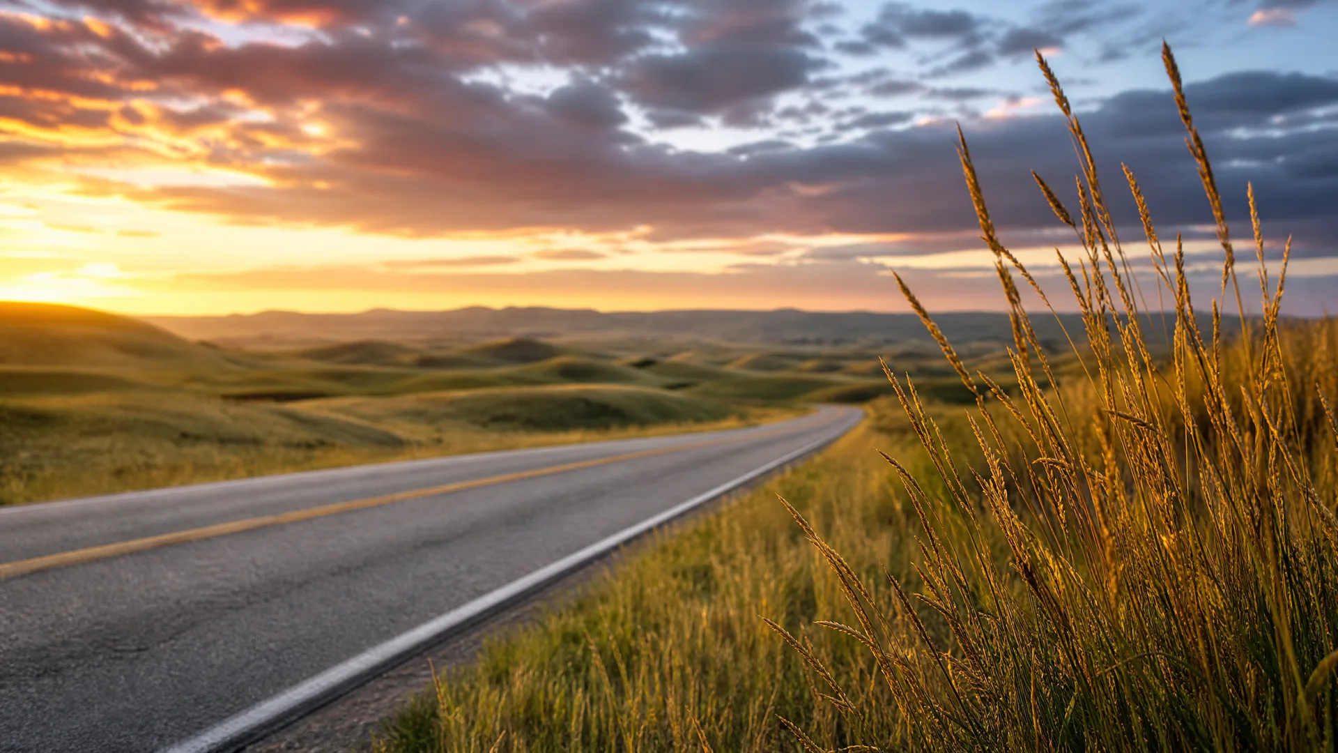 A two-lane paved road with yellow center and white edge lines curves through rolling grass-covered hills at sunset, with tall golden grass stalks in the right foreground and clouds lit orange above the horizon.