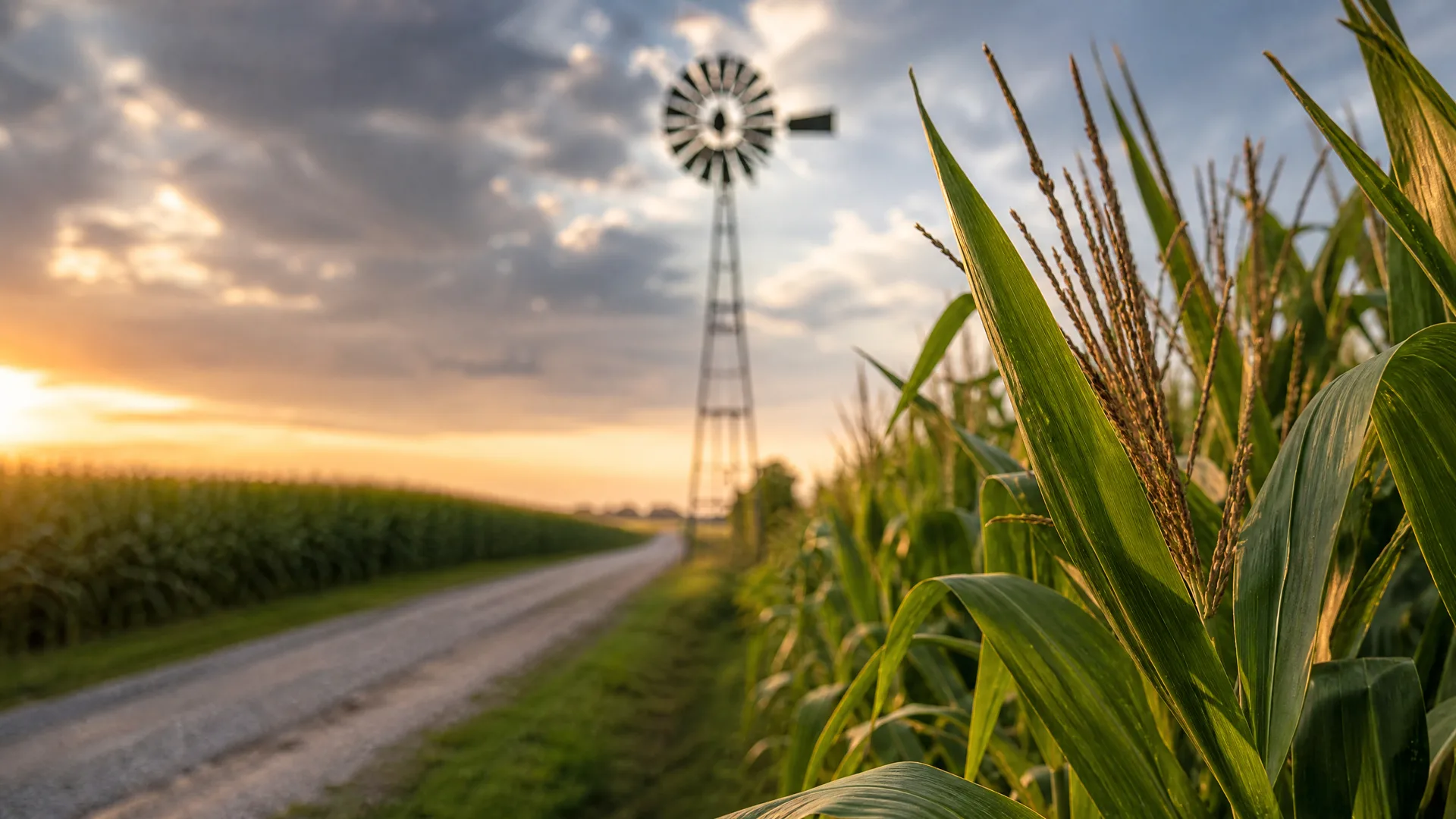 A gravel road runs between cornfields toward a metal windmill silhouetted against a cloudy sky at sunset, with tasseled corn stalks in sharp focus in the right foreground.