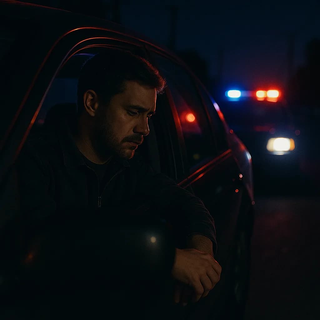Man in dark clothing at night with police car lights in background creating dramatic blue and red illumination