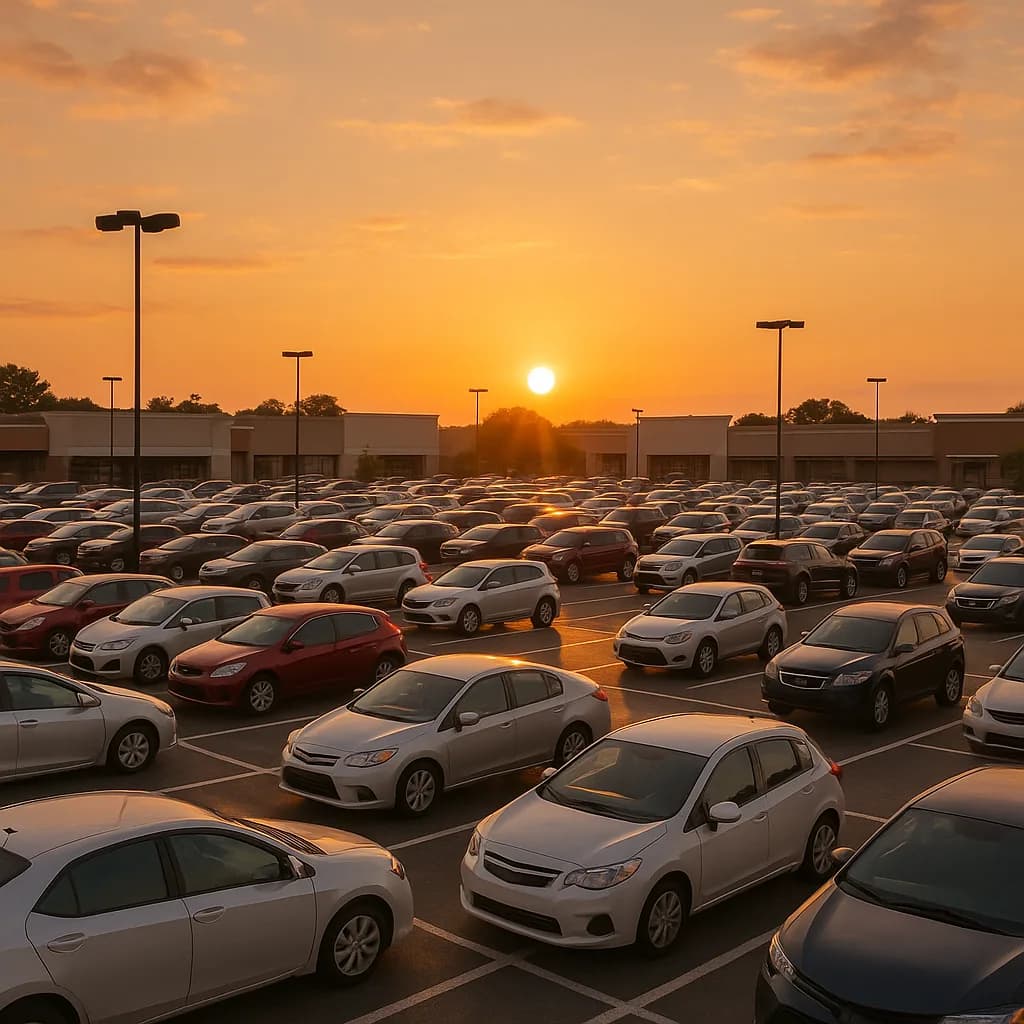 Crowded parking lot full of cars at sunset with light poles and commercial buildings in background